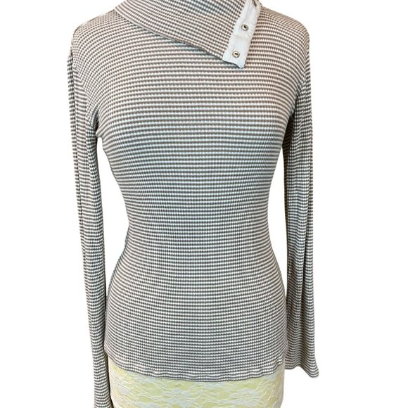 Anthropology Dolan Left Coast Collection LS Tan Striped Snap Turtleneck Medium - Picture 1 of 8